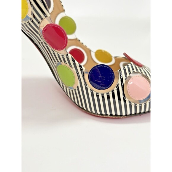 Christian Louboutin Lady Bug Heels Navy/White Stripes Bright Polka Dots Sz 35.5 - Picture 9 of 16